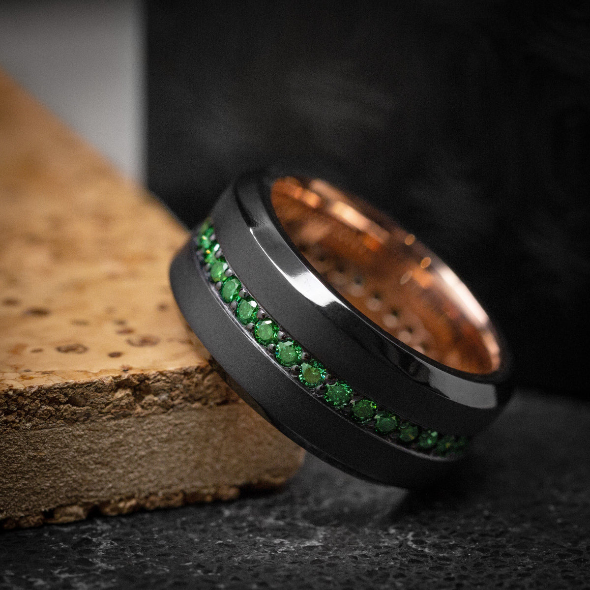 Blackstone XVIII - Black Zirconium and Green Diamond Men's Wedding Ring with 14K Gold Sleeve Band - view 5 - Nura Lab