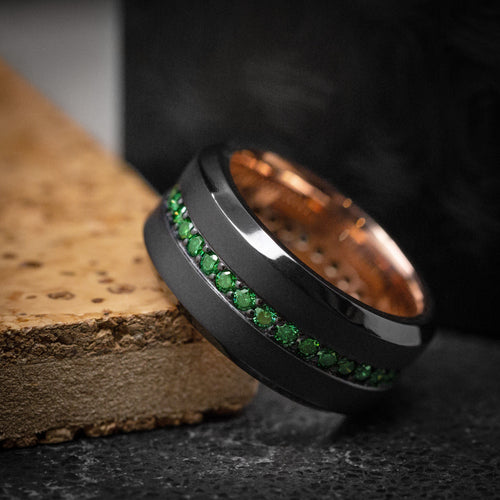 Blackstone XVIII - Black Zirconium and Green Diamond Men's Wedding Ring with 14K Gold Sleeve Band - view 5 - Nura Lab