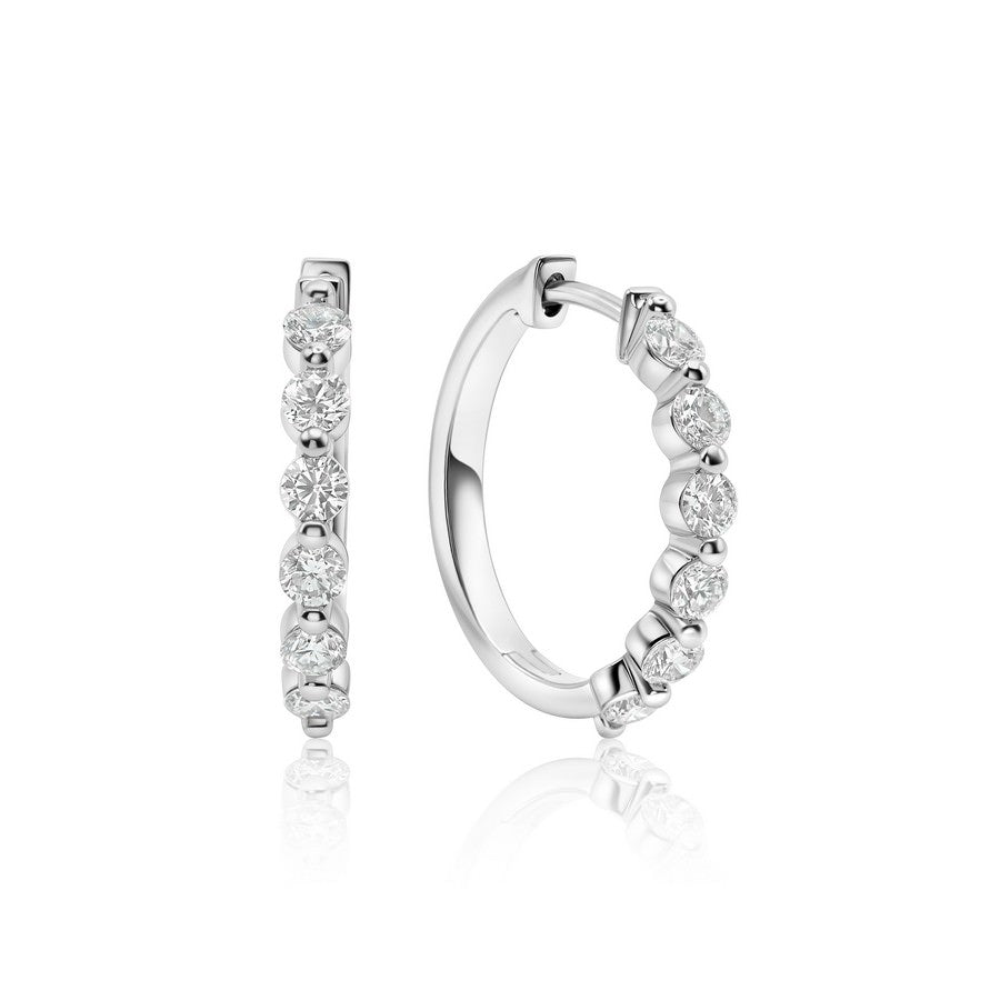 Pair of 6-stone lab-grown diamond hoops on white background, hinged closure detail