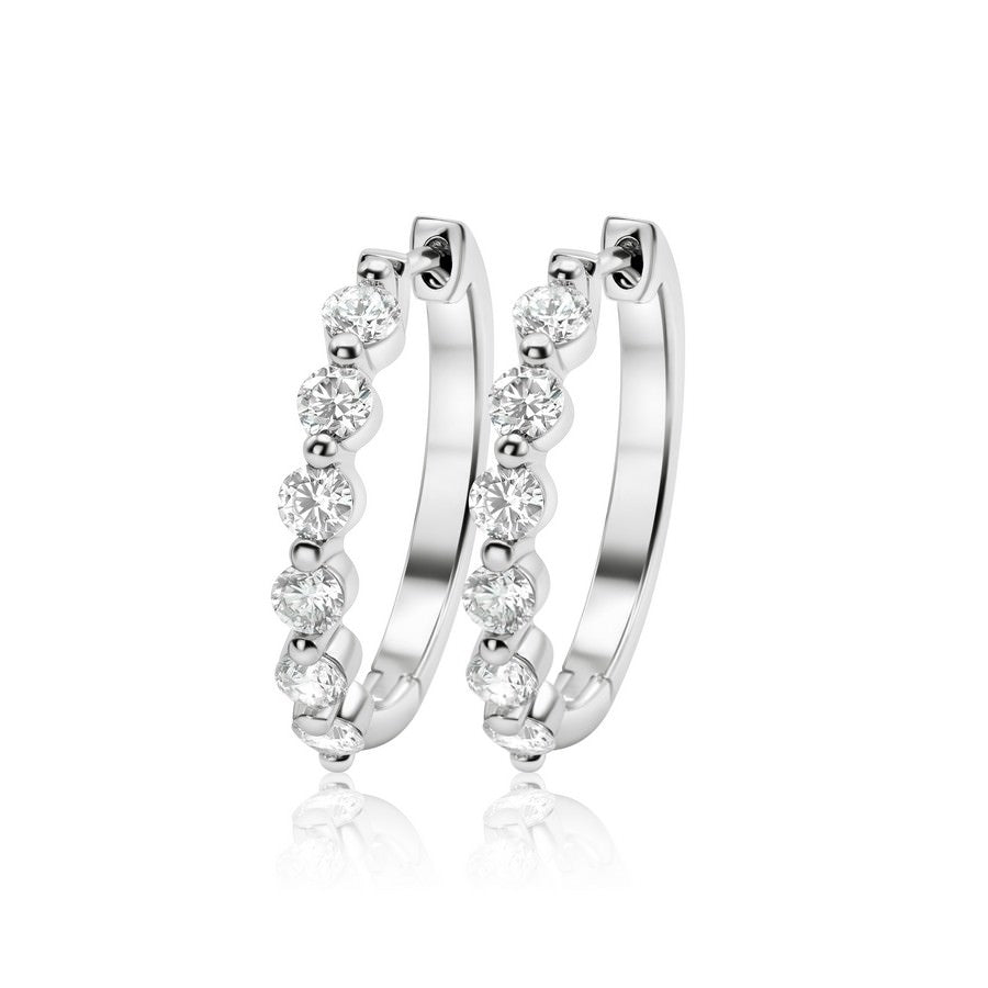 Pair of 6-stone lab-grown diamond hoops on white background, hinged closure detail