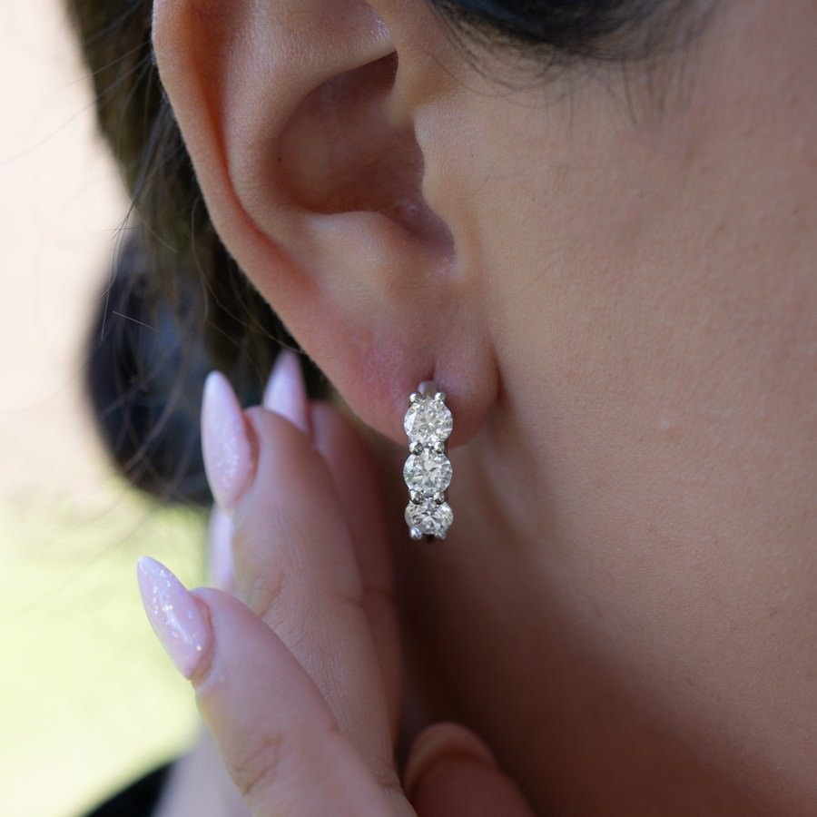 3.00ct trilogy lab-grown diamond earrings in 14K yellow gold on model profile