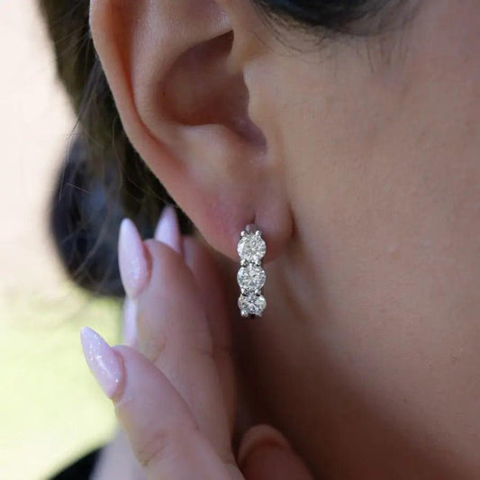 3.00ct trilogy lab-grown diamond earrings in 14K yellow gold on model profile