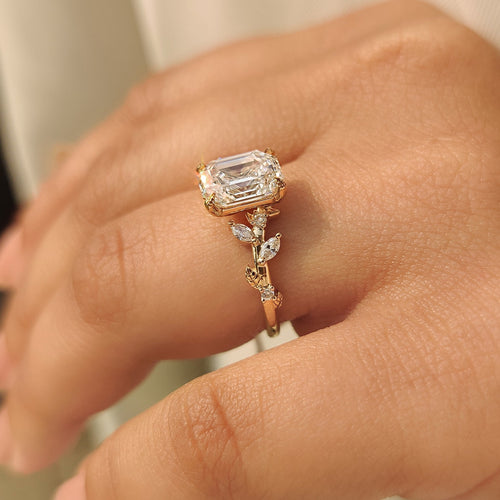 Leonora Elise - Old Mine Emerald Cut Nature Inspired Ring in Leaf Style Prong