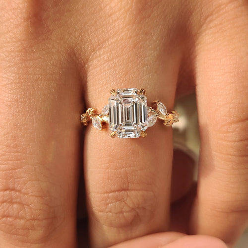 Leonora Elise - Old Mine Emerald Cut Nature Inspired Ring in Leaf Style Prong