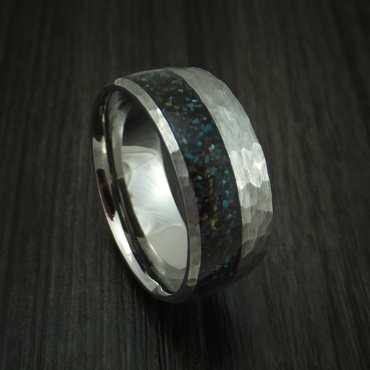 Stonehaven IV - Titanium And Black Dinosaur Bone with Turquoise Men's Wedding Ring Fossil Band - Nura Lab