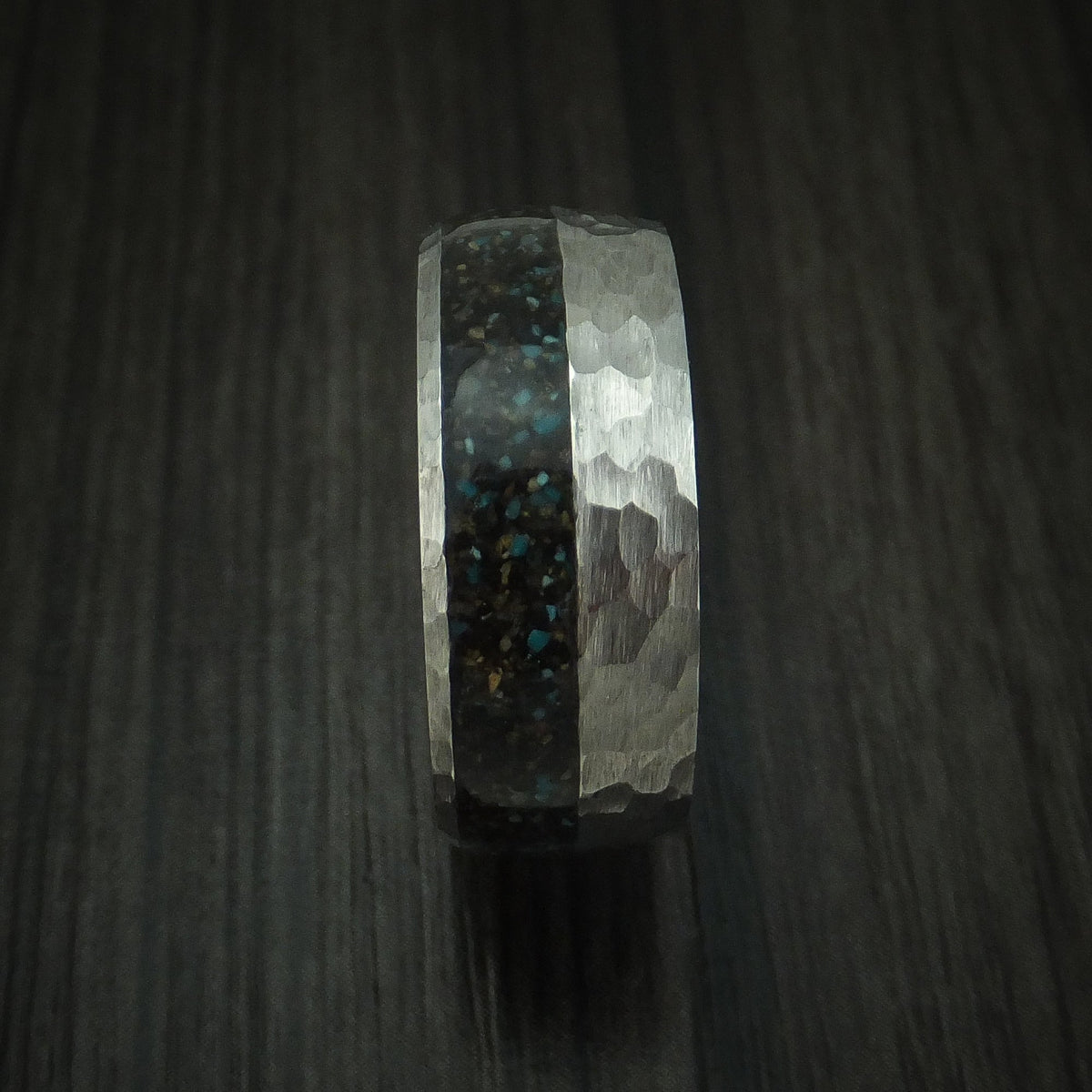 Stonehaven IV - Titanium And Black Dinosaur Bone with Turquoise Men's Wedding Ring Fossil Band - view 3 - Nura Lab