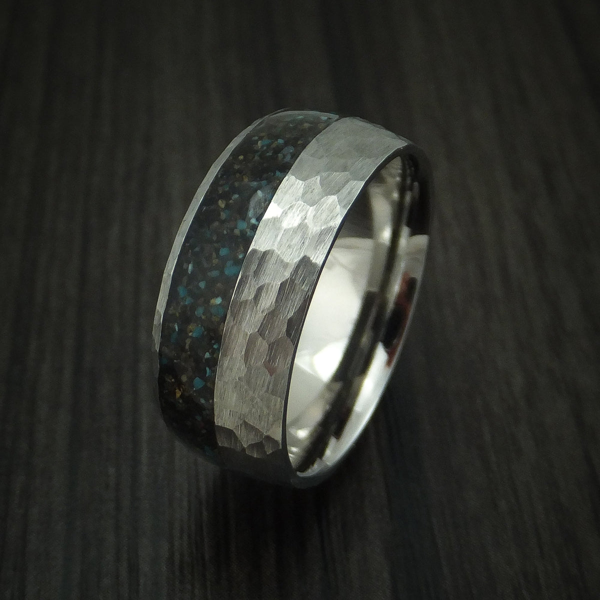 Stonehaven IV - Titanium And Black Dinosaur Bone with Turquoise Men's Wedding Ring Fossil Band - view 4 - Nura Lab