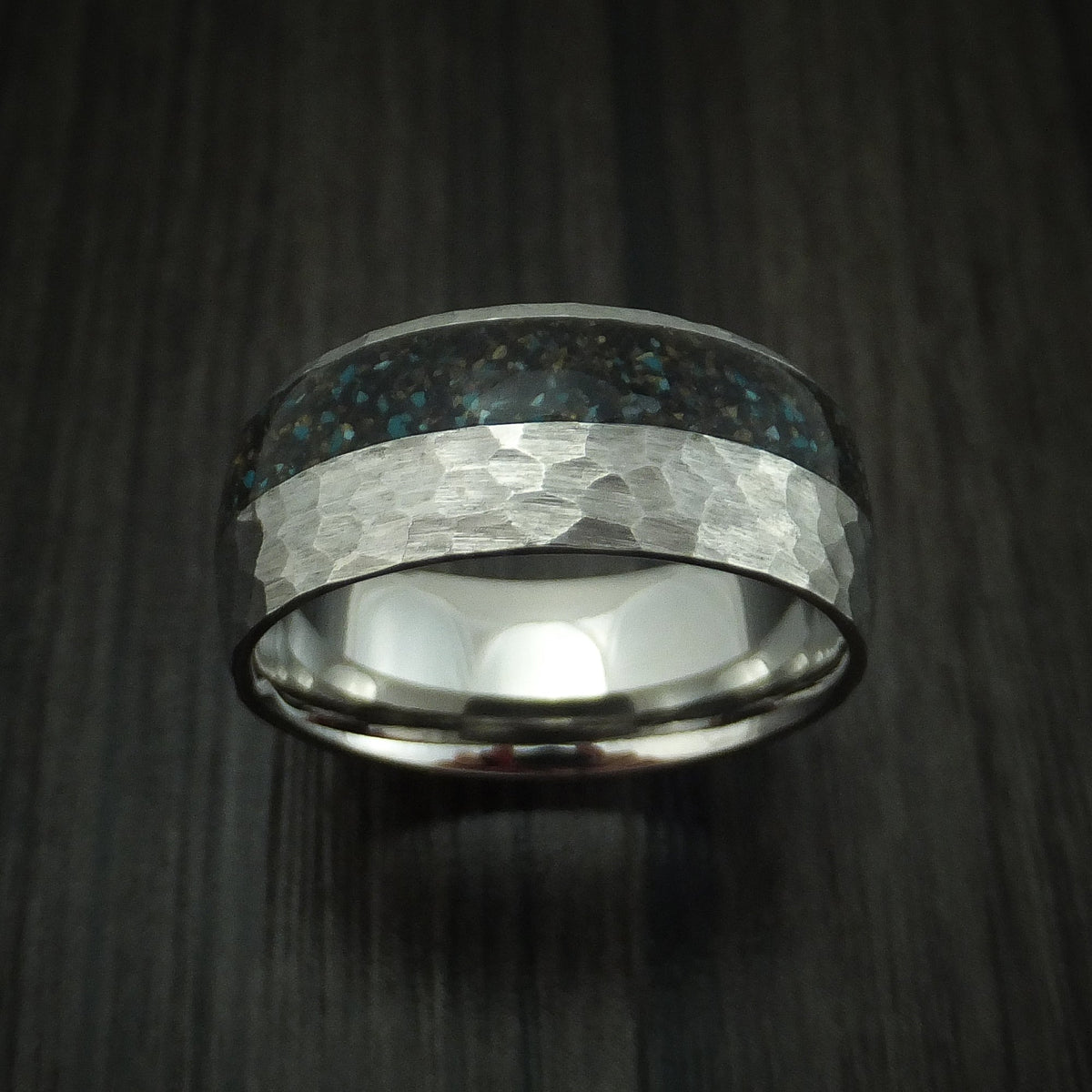 Stonehaven IV - Titanium And Black Dinosaur Bone with Turquoise Men's Wedding Ring Fossil Band - view 2 - Nura Lab