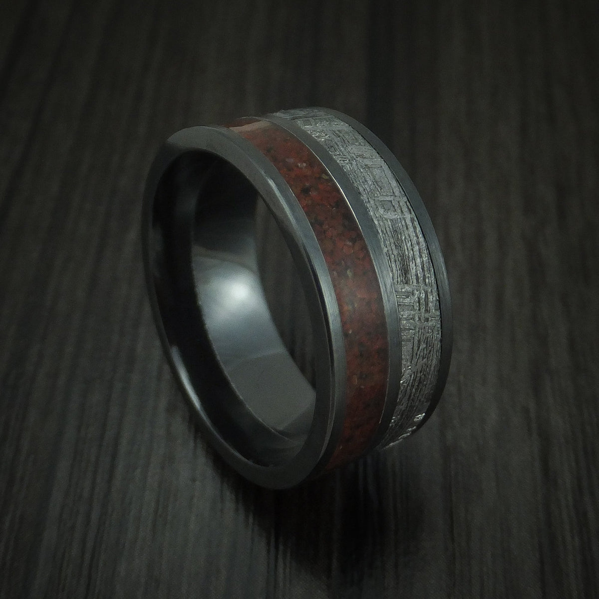 Fiord XVI - Black Zirconium Mixed Dinosaur Bone And Gibeon Meteorite Men's Wedding Ring Fossil Band - Nura Lab