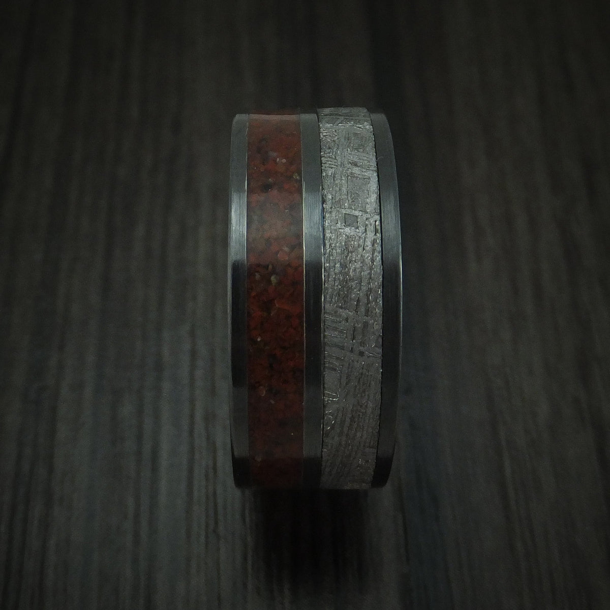 Fiord XVI - Black Zirconium Mixed Dinosaur Bone And Gibeon Meteorite Men's Wedding Ring Fossil Band - view 3 - Nura Lab