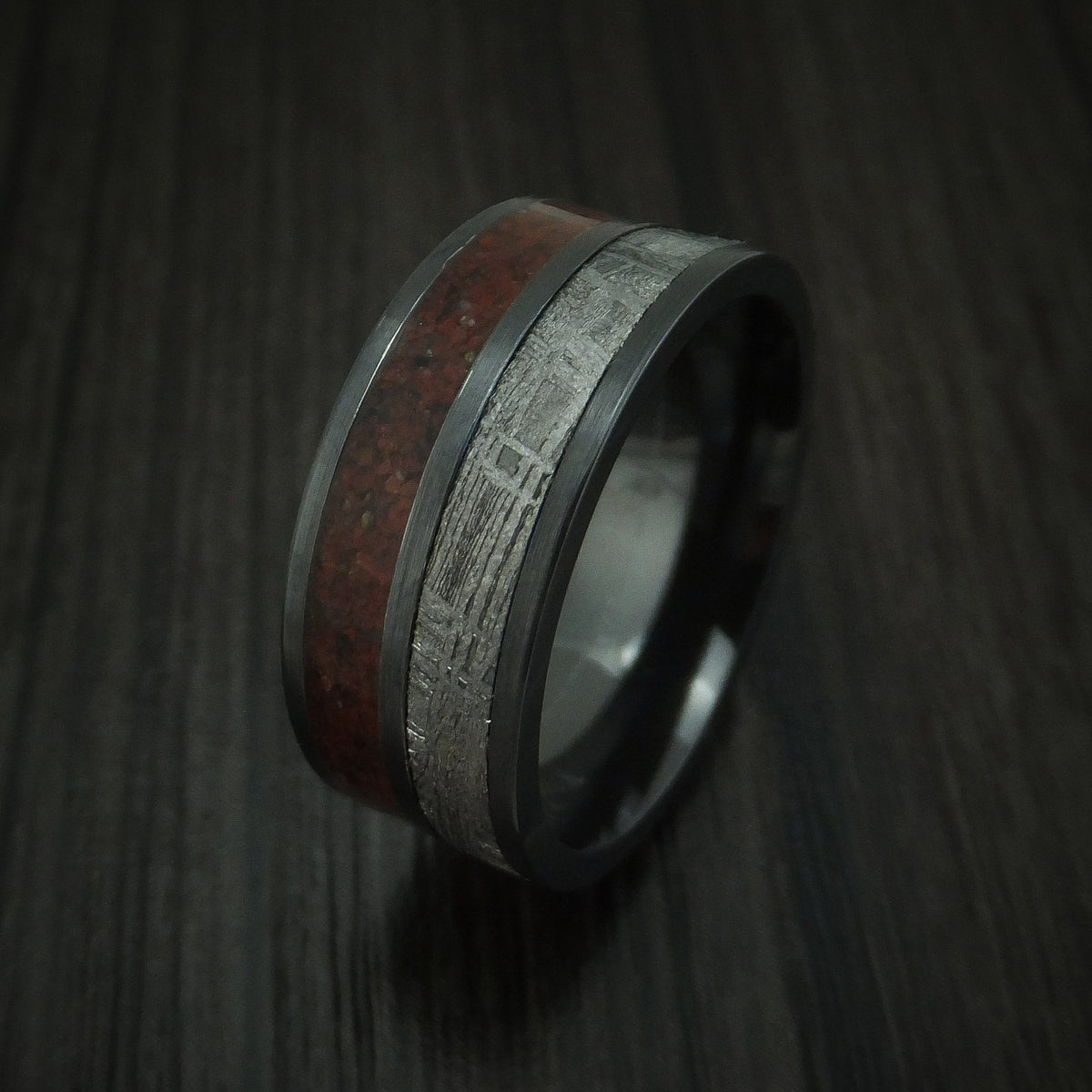 Fiord XVI - Black Zirconium Mixed Dinosaur Bone And Gibeon Meteorite Men's Wedding Ring Fossil Band - view 4 - Nura Lab