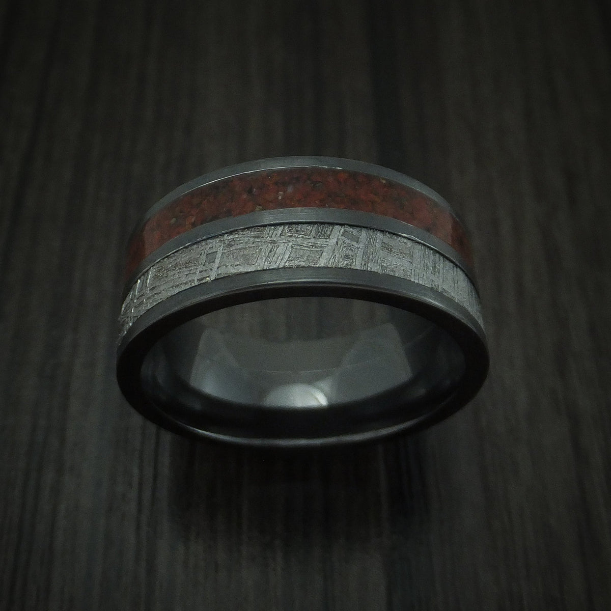 Fiord XVI - Black Zirconium Mixed Dinosaur Bone And Gibeon Meteorite Men's Wedding Ring Fossil Band - view 2 - Nura Lab