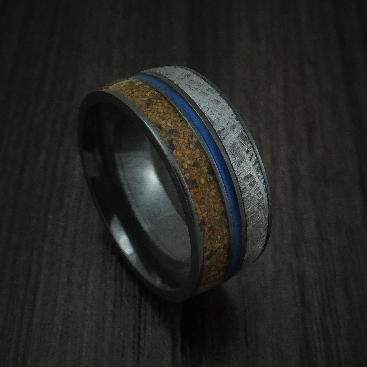 Mariner XVI - Black Zirconium Mixed Dinosaur Bone And Gibeon Meteorite Men's Wedding Ring With Cerakote Inlay Fossil Band - Nura Lab