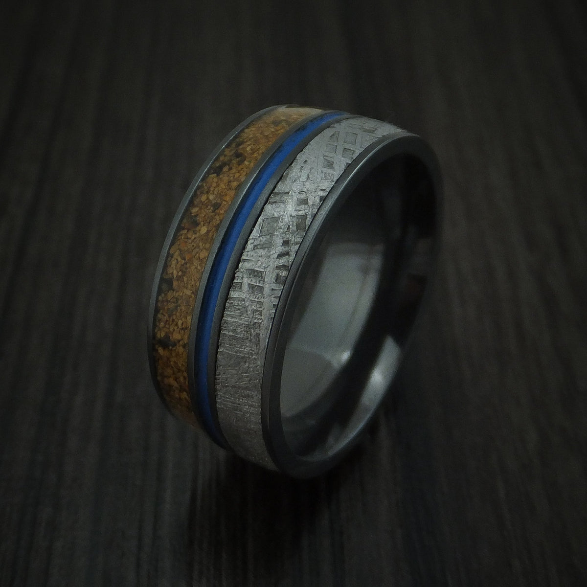 Mariner XVI - Black Zirconium Mixed Dinosaur Bone And Gibeon Meteorite Men's Wedding Ring With Cerakote Inlay Fossil Band - view 4 - Nura Lab