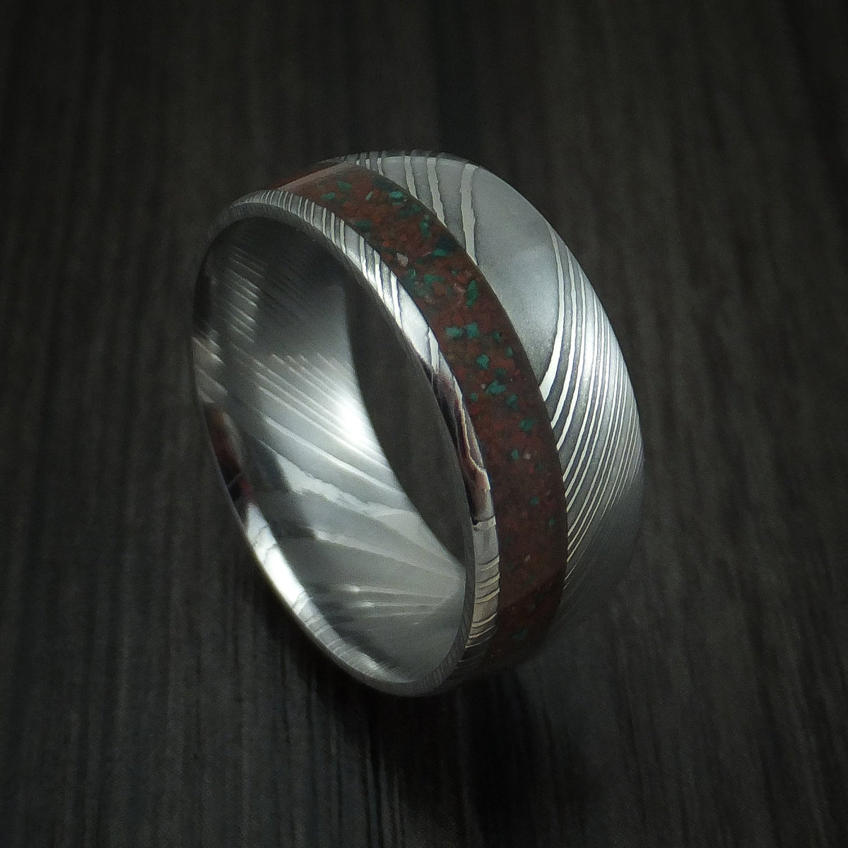 Glacier XI - Damascus Steel And Red Dinosaur Bone with Malachite Men's Wedding Ring Fossil Band - Nura Lab