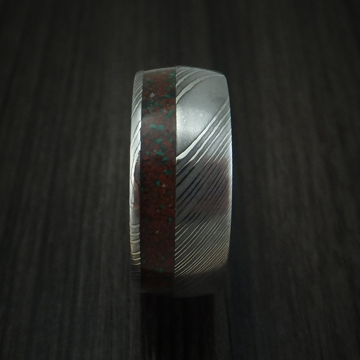 Glacier XI - Damascus Steel And Red Dinosaur Bone with Malachite Men's Wedding Ring Fossil Band - view 3 - Nura Lab