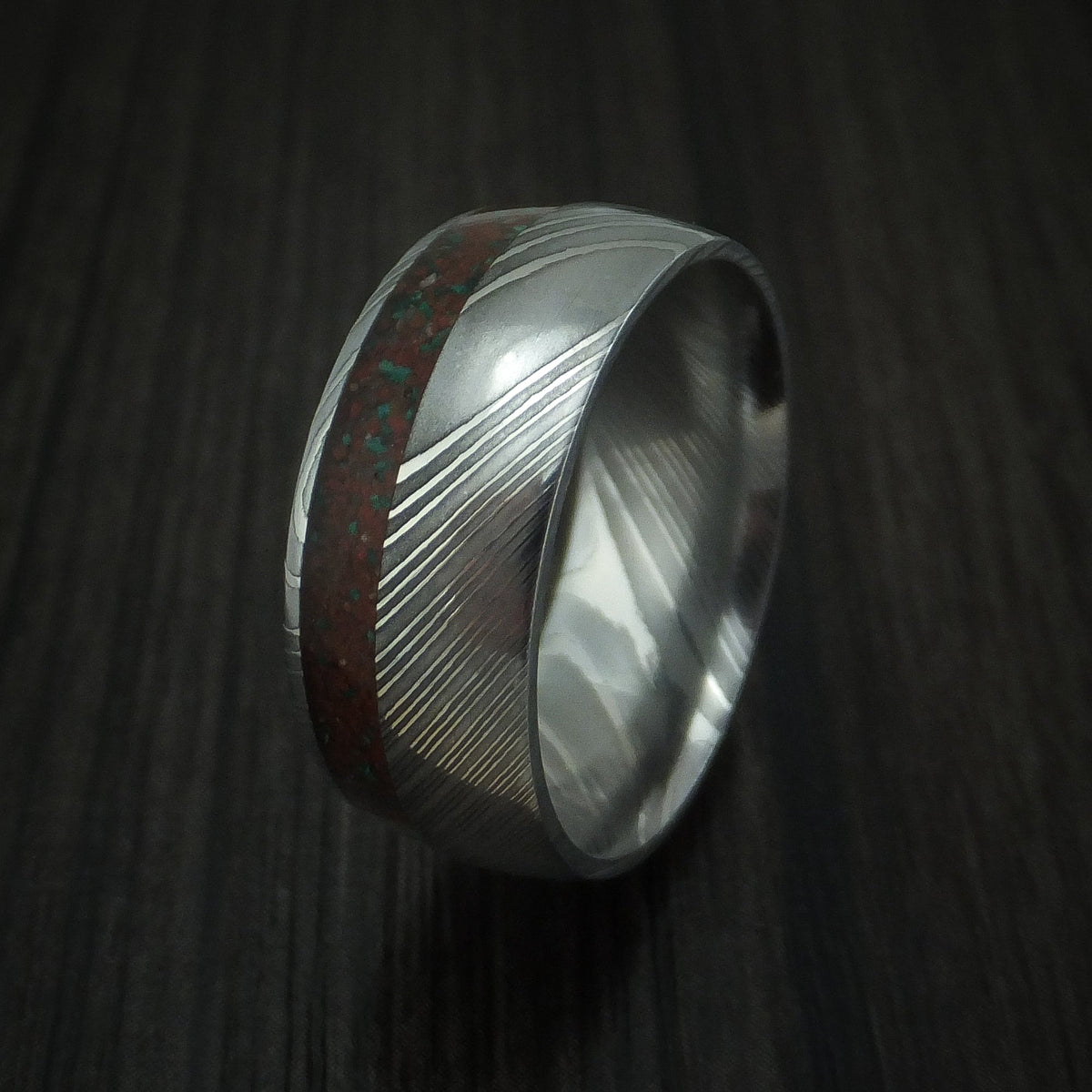 Glacier XI - Damascus Steel And Red Dinosaur Bone with Malachite Men's Wedding Ring Fossil Band - view 4 - Nura Lab