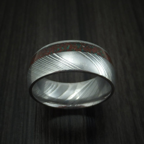 Glacier XI - Damascus Steel And Red Dinosaur Bone with Malachite Men's Wedding Ring Fossil Band - view 2 - Nura Lab