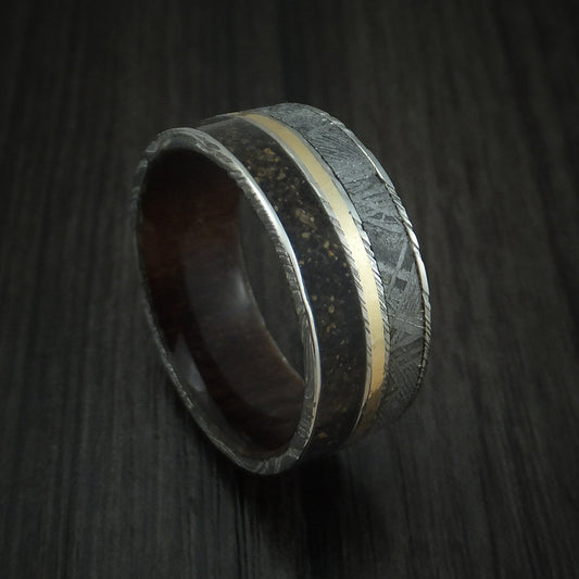 Falcon IX - Woodgrain Kuro Damascus Steel Mixed Dinosaur Bone And Gibeon Meteorite Men's Wedding Ring With Wood Sleeve And 14K Yellow Gold Inlay Fossil Band - Nura Lab