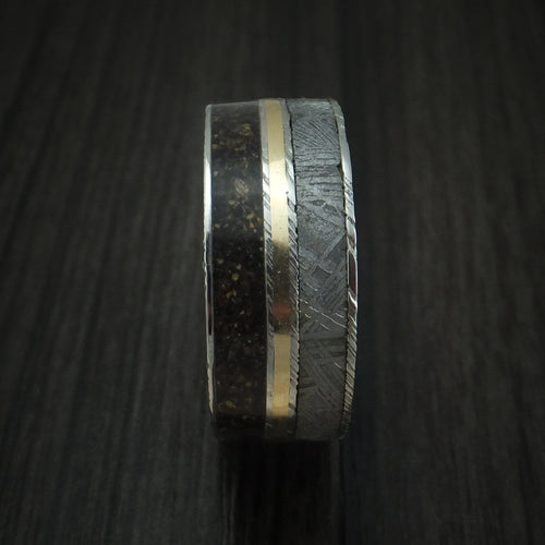 Falcon IX - Woodgrain Kuro Damascus Steel Mixed Dinosaur Bone And Gibeon Meteorite Men's Wedding Ring With Wood Sleeve And 14K Yellow Gold Inlay Fossil Band - view 3 - Nura Lab