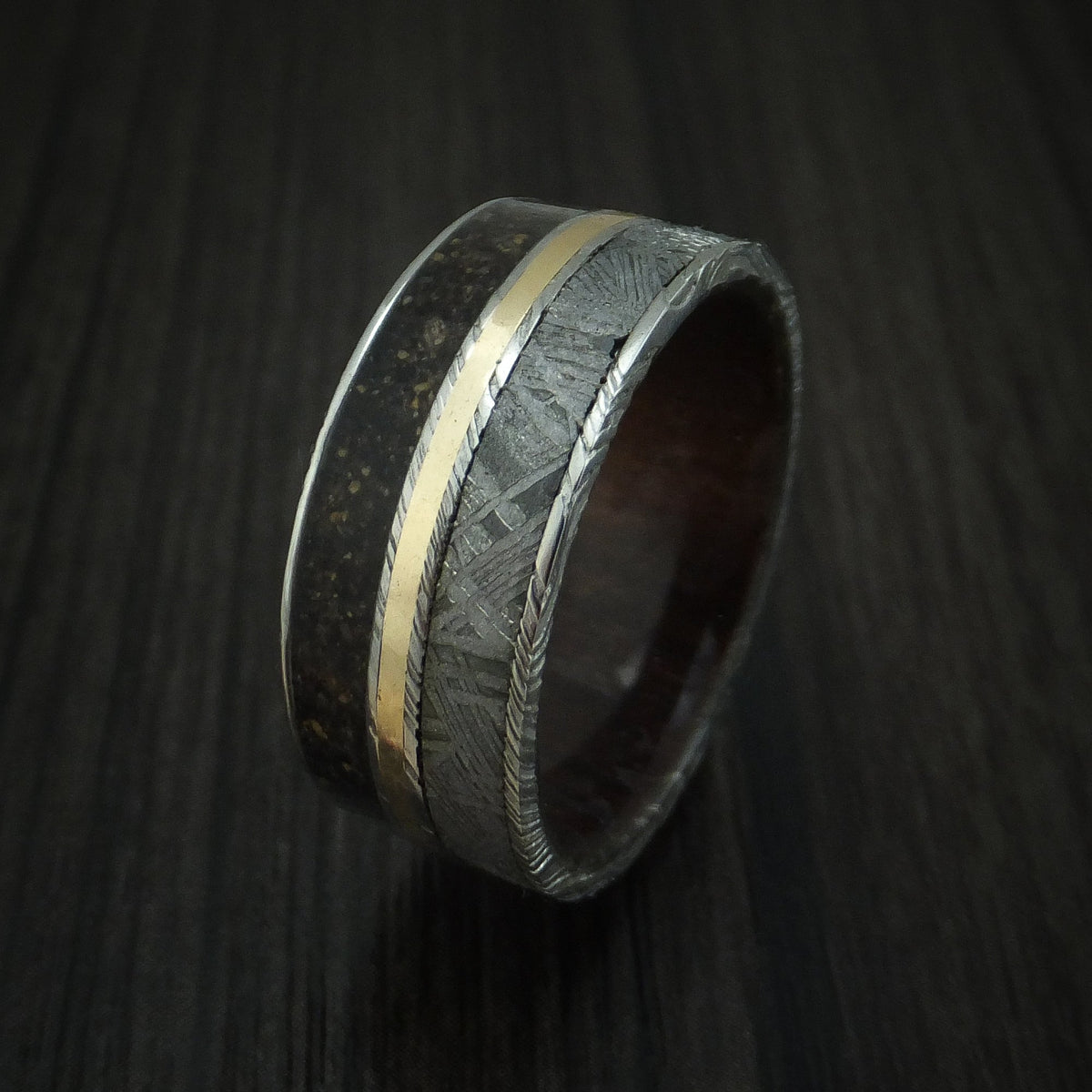 Falcon IX - Woodgrain Kuro Damascus Steel Mixed Dinosaur Bone And Gibeon Meteorite Men's Wedding Ring With Wood Sleeve And 14K Yellow Gold Inlay Fossil Band - view 4 - Nura Lab