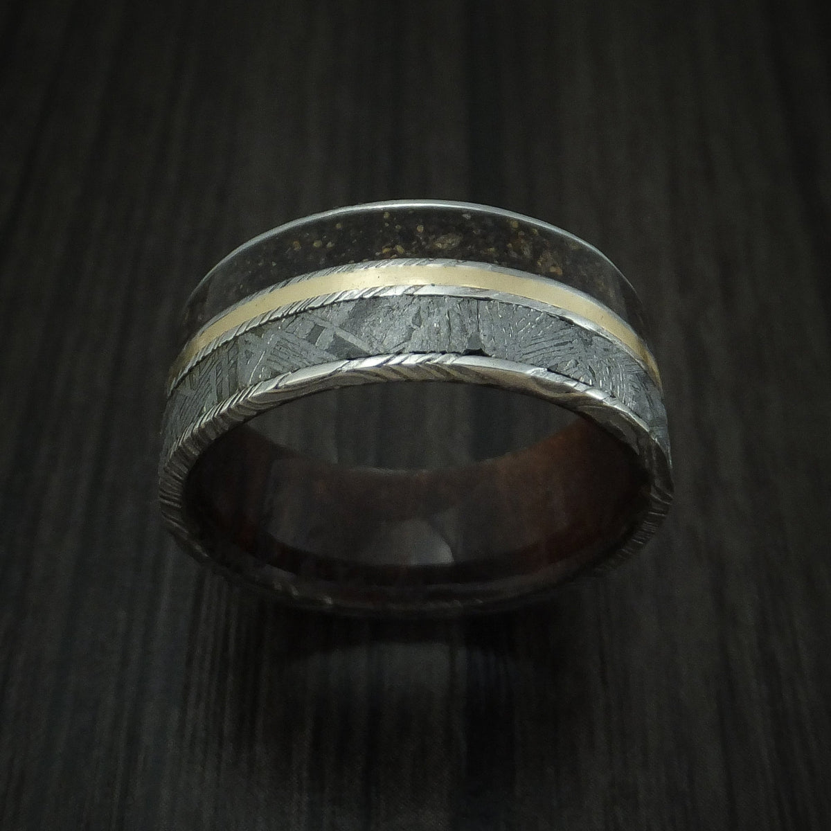 Falcon IX - Woodgrain Kuro Damascus Steel Mixed Dinosaur Bone And Gibeon Meteorite Men's Wedding Ring With Wood Sleeve And 14K Yellow Gold Inlay Fossil Band - view 2 - Nura Lab