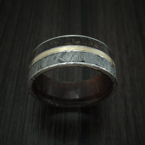 Falcon IX - Woodgrain Kuro Damascus Steel Mixed Dinosaur Bone And Gibeon Meteorite Men's Wedding Ring With Wood Sleeve And 14K Yellow Gold Inlay Fossil Band - view 2 - Nura Lab