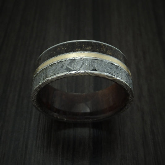 Falcon IX - Woodgrain Kuro Damascus Steel Mixed Dinosaur Bone And Gibeon Meteorite Men's Wedding Ring With Wood Sleeve And 14K Yellow Gold Inlay Fossil Band - view 2 - Nura Lab