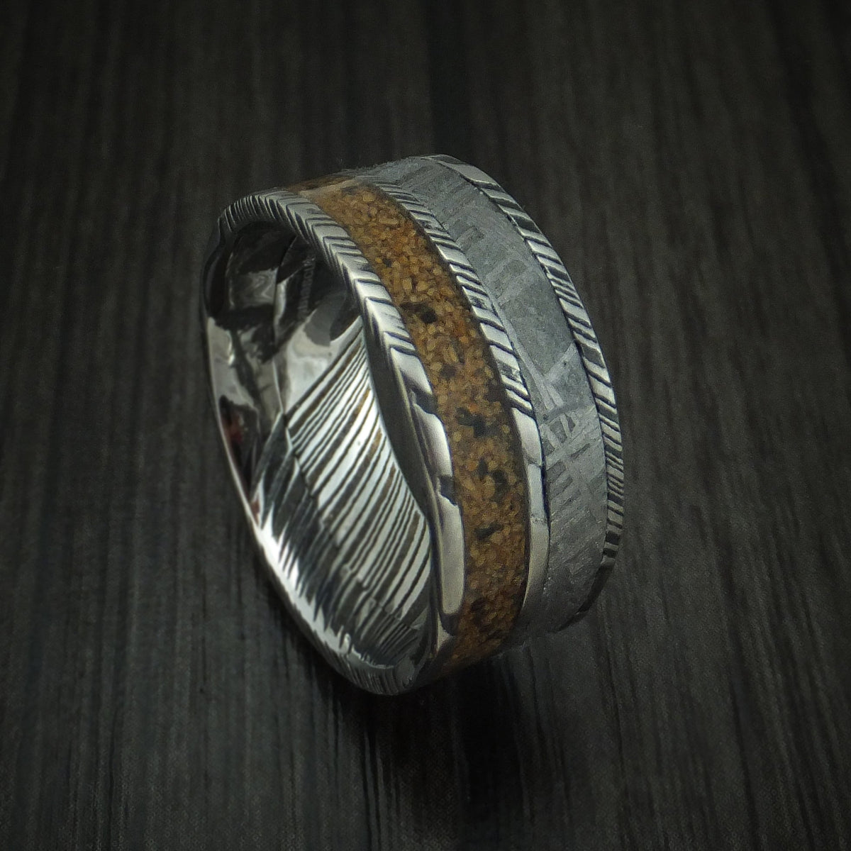 Iron XI - Woodgrain Kuro Damascus Steel Mixed Dinosaur Bone And Gibeon Meteorite Men's Wedding Ring Fossil Band - Nura Lab