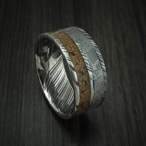 Iron XI - Woodgrain Kuro Damascus Steel Mixed Dinosaur Bone And Gibeon Meteorite Men's Wedding Ring Fossil Band - Nura Lab