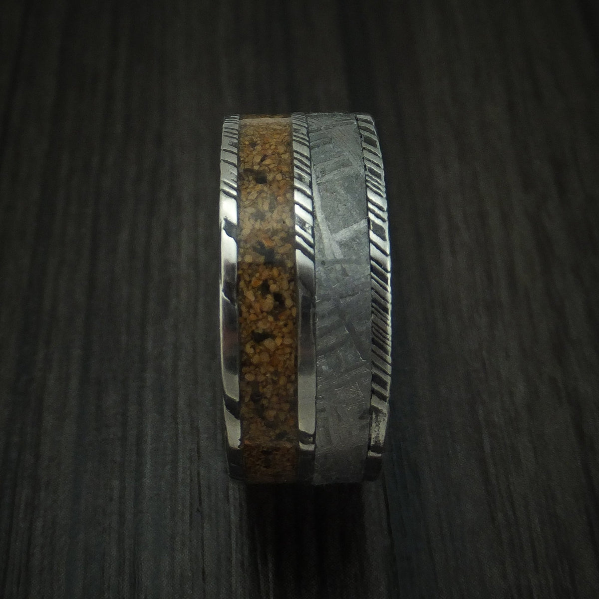 Iron XI - Woodgrain Kuro Damascus Steel Mixed Dinosaur Bone And Gibeon Meteorite Men's Wedding Ring Fossil Band - view 3 - Nura Lab