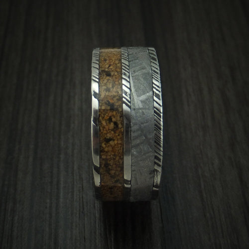 Iron XI - Woodgrain Kuro Damascus Steel Mixed Dinosaur Bone And Gibeon Meteorite Men's Wedding Ring Fossil Band - view 3 - Nura Lab