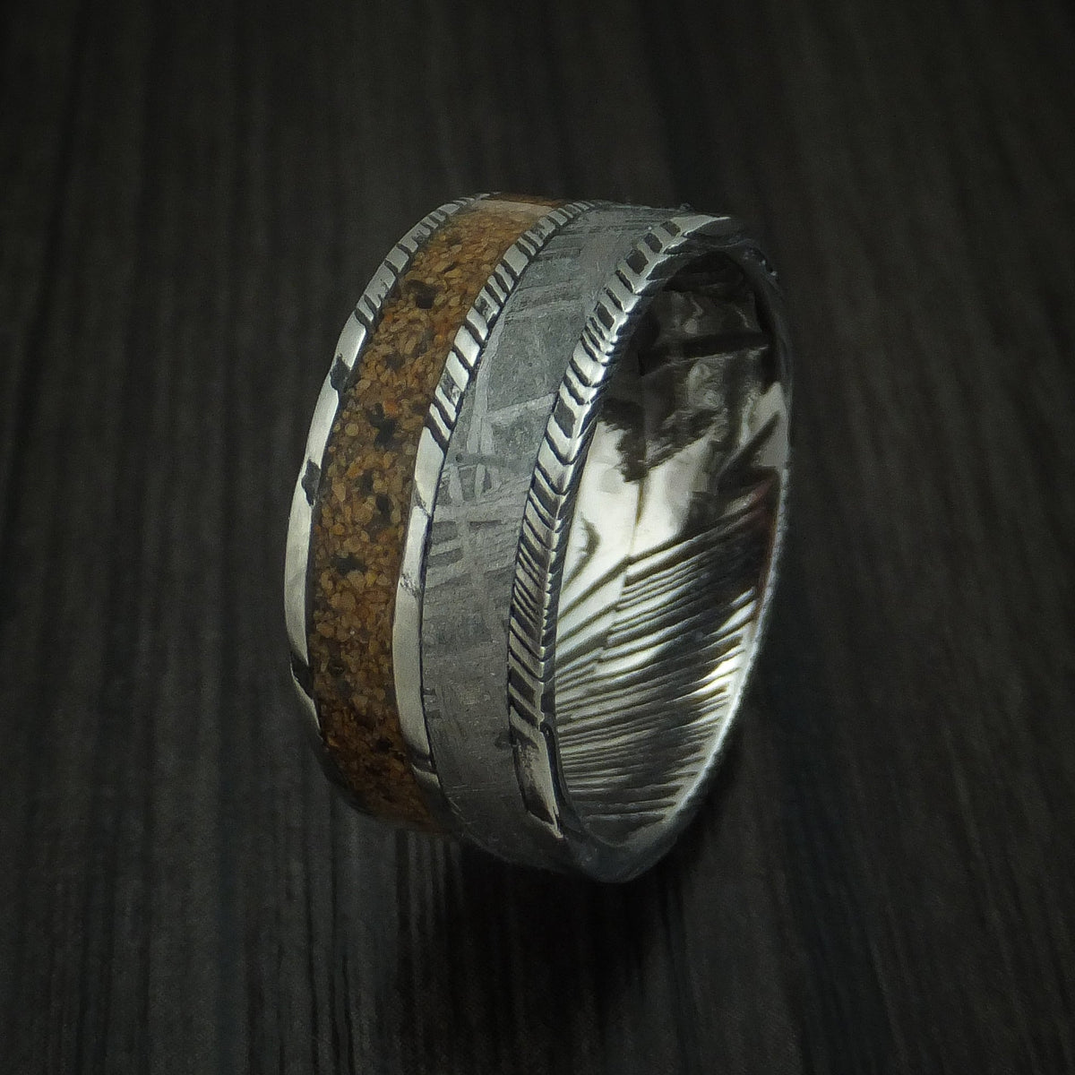 Iron XI - Woodgrain Kuro Damascus Steel Mixed Dinosaur Bone And Gibeon Meteorite Men's Wedding Ring Fossil Band - view 4 - Nura Lab