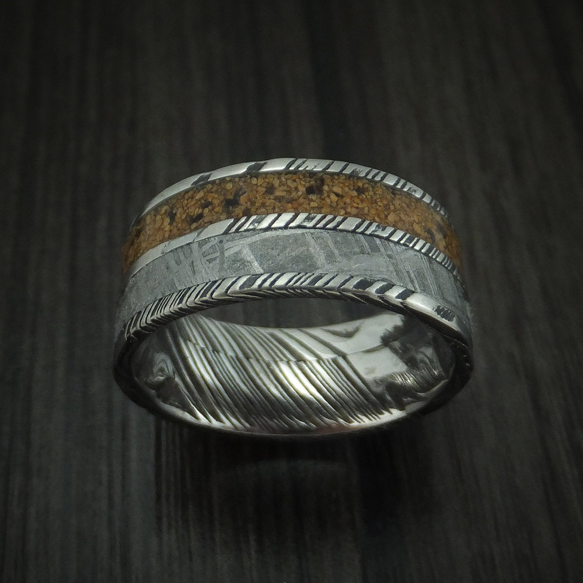 Iron XI - Woodgrain Kuro Damascus Steel Mixed Dinosaur Bone And Gibeon Meteorite Men's Wedding Ring Fossil Band - view 2 - Nura Lab