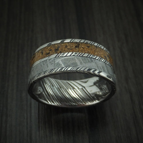 Iron XI - Woodgrain Kuro Damascus Steel Mixed Dinosaur Bone And Gibeon Meteorite Men's Wedding Ring Fossil Band - view 2 - Nura Lab