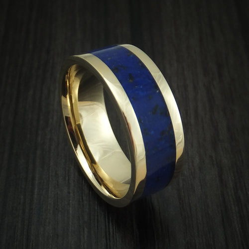 Waitakere XVI - Yellow Gold Lapis with Black Dinosaur Bone Men's Wedding Ring Fossil Band - Nura Lab