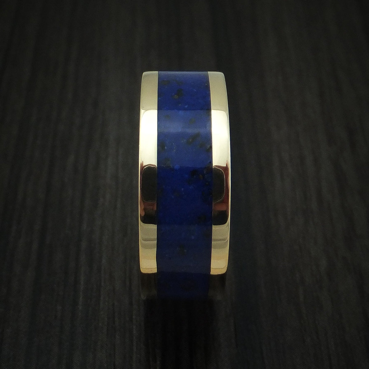 Waitakere XVI - Yellow Gold Lapis with Black Dinosaur Bone Men's Wedding Ring Fossil Band - view 3 - Nura Lab