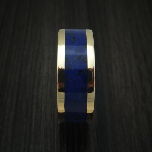 Waitakere XVI - Yellow Gold Lapis with Black Dinosaur Bone Men's Wedding Ring Fossil Band - view 3 - Nura Lab