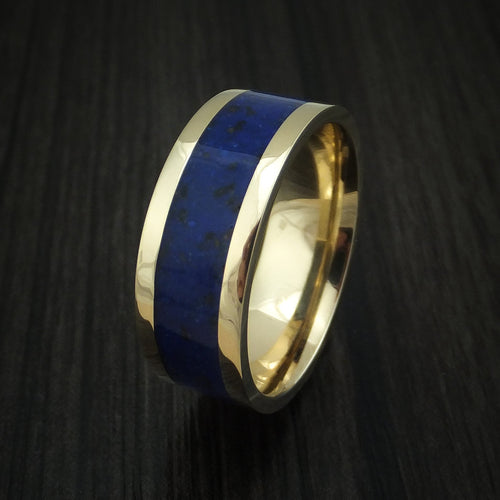 Waitakere XVI - Yellow Gold Lapis with Black Dinosaur Bone Men's Wedding Ring Fossil Band - view 4 - Nura Lab