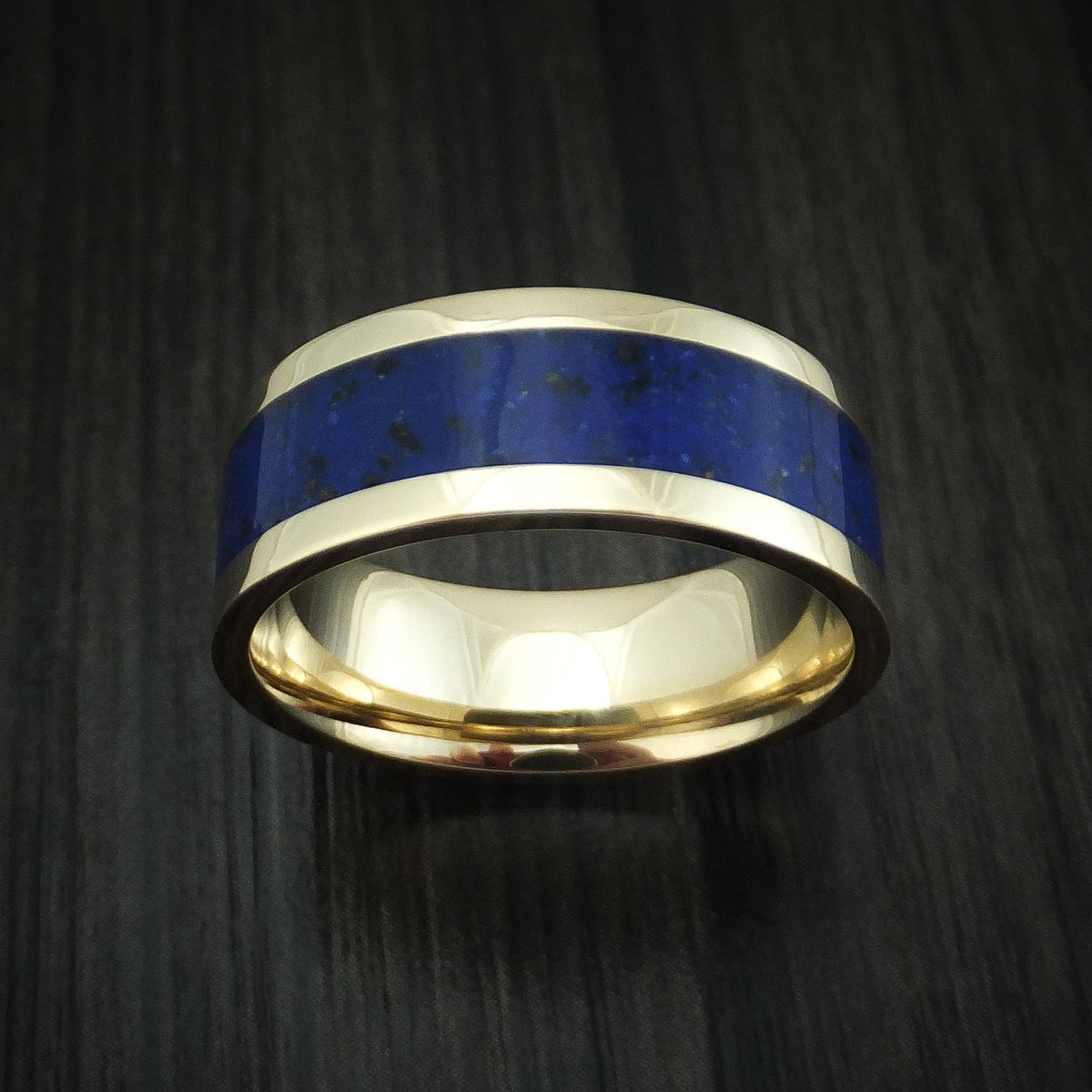Waitakere XVI - Yellow Gold Lapis with Black Dinosaur Bone Men's Wedding Ring Fossil Band - view 2 - Nura Lab