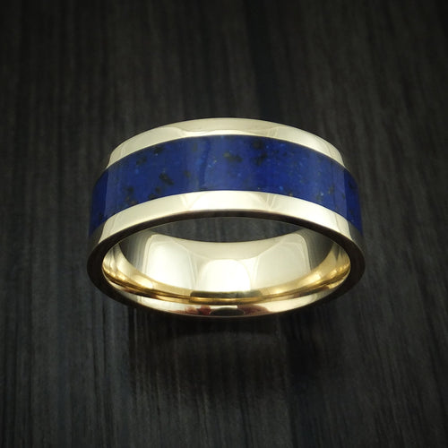 Waitakere XVI - Yellow Gold Lapis with Black Dinosaur Bone Men's Wedding Ring Fossil Band - view 2 - Nura Lab