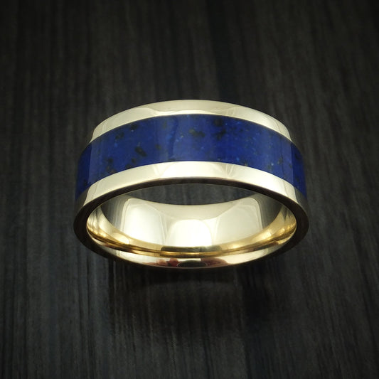Waitakere XVI - Yellow Gold Lapis with Black Dinosaur Bone Men's Wedding Ring Fossil Band - view 2 - Nura Lab