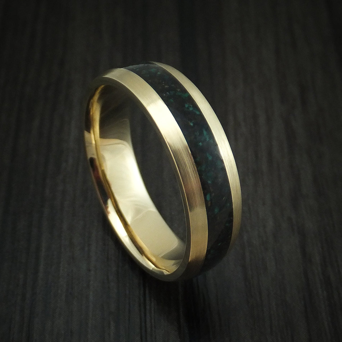 Iron XVI - Yellow Gold And Black Dinosaur Bone and Malachite Men's Wedding Ring Fossil Band - Nura Lab