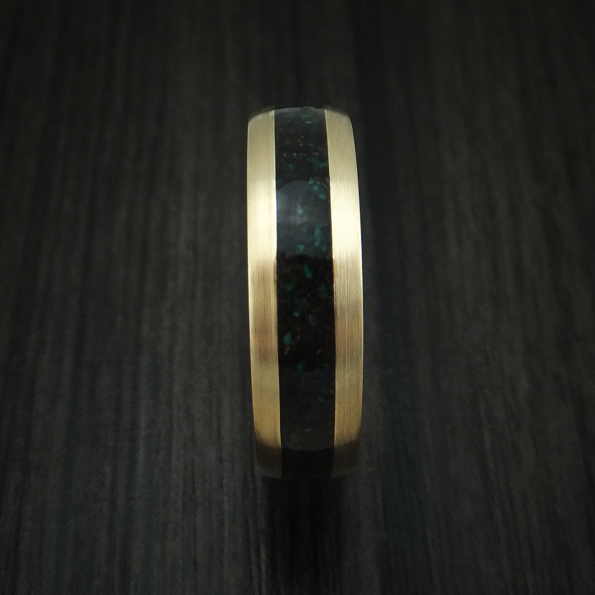 Iron XVI - Yellow Gold And Black Dinosaur Bone and Malachite Men's Wedding Ring Fossil Band - view 3 - Nura Lab