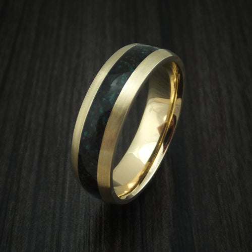 Iron XVI - Yellow Gold And Black Dinosaur Bone and Malachite Men's Wedding Ring Fossil Band - view 4 - Nura Lab