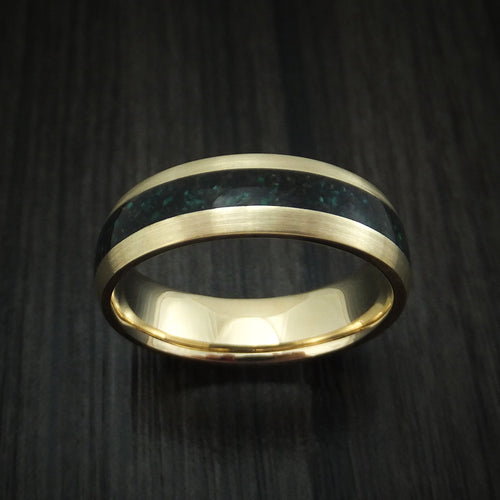 Iron XVI - Yellow Gold And Black Dinosaur Bone and Malachite Men's Wedding Ring Fossil Band - view 2 - Nura Lab