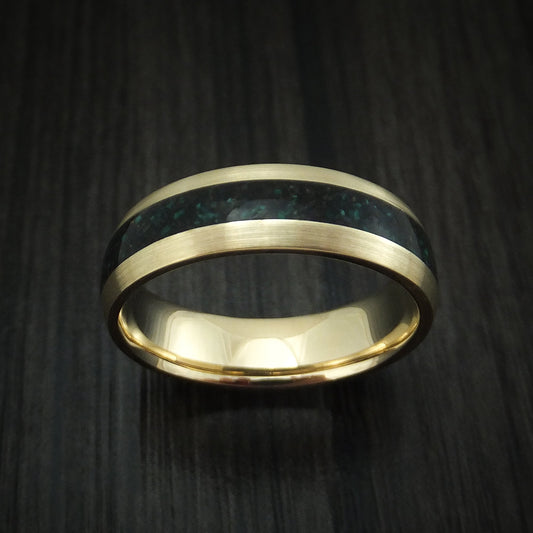 Iron XVI - Yellow Gold And Black Dinosaur Bone and Malachite Men's Wedding Ring Fossil Band - view 2 - Nura Lab