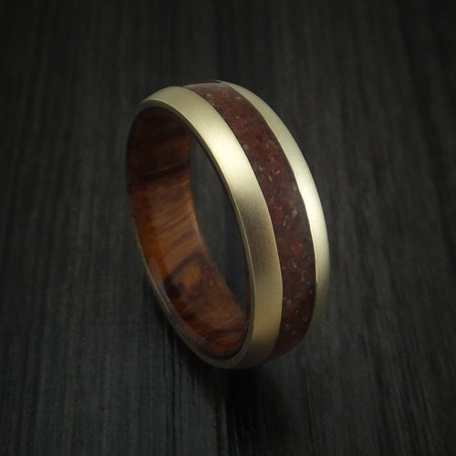 Onyx XII - 14K Yellow Gold And Mixed Dinosaur Bone Men's Wedding Ring With Desert Ironwood Burl Wood Sleeve Fossil Band - Nura Lab
