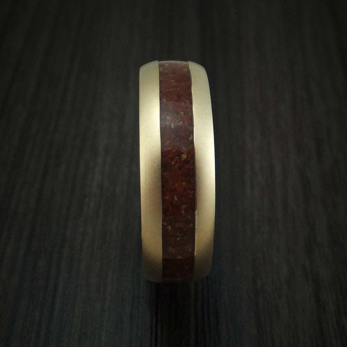 Onyx XII - 14K Yellow Gold And Mixed Dinosaur Bone Men's Wedding Ring With Desert Ironwood Burl Wood Sleeve Fossil Band - view 3 - Nura Lab