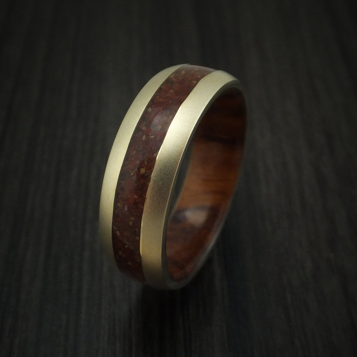 Onyx XII - 14K Yellow Gold And Mixed Dinosaur Bone Men's Wedding Ring With Desert Ironwood Burl Wood Sleeve Fossil Band - view 4 - Nura Lab